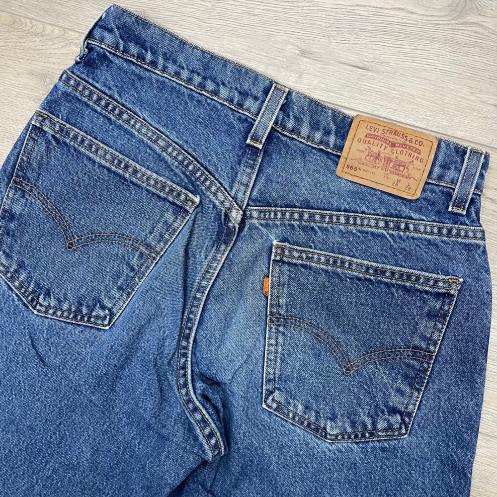 Levi 565 Wide Leg Student Jeans Unisex 28x28 Blue Orange Tab Vintage USA Made